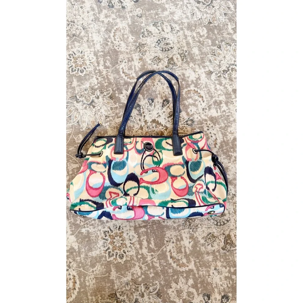 Coach Poppy Graffiti Print Tote Shoulder Bag Navy Blue Leather Trim